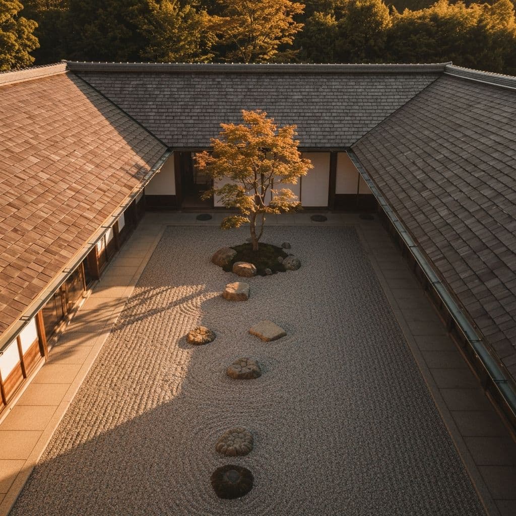 Serene Japanese zen garden with raked gravel and natural stones