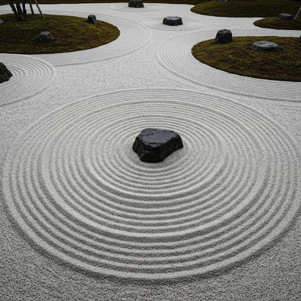 Perfectly raked zen gravel with natural stones