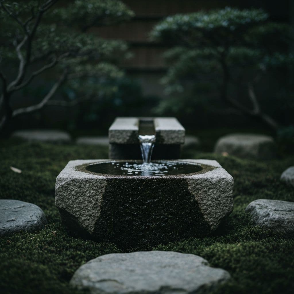 Minimalist stone water basin surrounded by moss